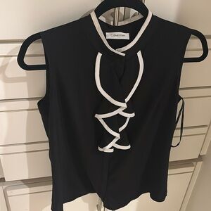 Calvin Klein Petite Black White Ruffle Sleeveless Blouse XLP